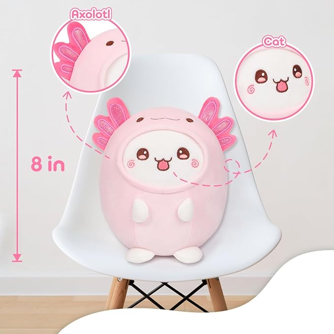 Cute Plush Axolotl Cat Stuffed Animal Pillow, 8" Soft Kawaii Kitten Plushie with Pink Axolotl Salamander Outfit Gift for Kids