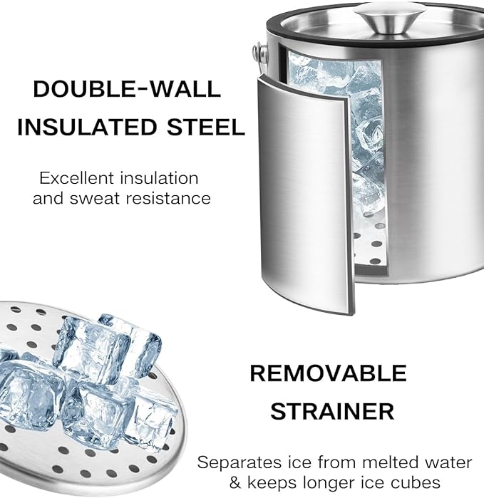 3L Double Wall Ice Bucket with Silicone Lid, Tongs & Strainer, Insulated Ice Buckets for Parties & Cocktail Bar,[Silicone Lid for Longer Ice] Large Wine Bar Bucket Stainless Champagne Chiller