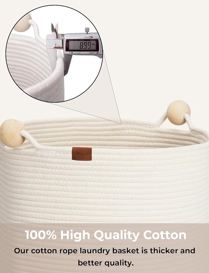 StorageWorks 58L Cotton Rope Laundry Basket with Wooden Beads Handles, Woven Basket for Storage, Dirty Clothes, Kids Toys, Towels, White & Grey