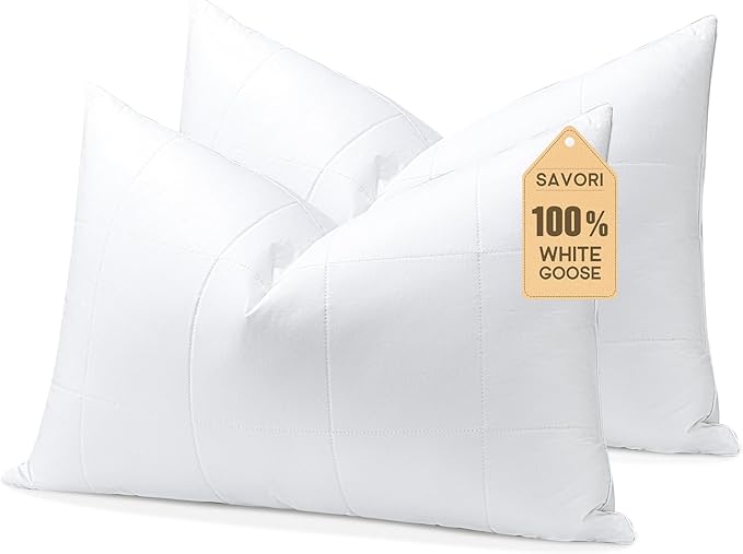 SAVORI Pack of 2 Goose Down Feather Pillows with 100% Cotton Cover, Soft Hotel Bed Pillow for Sleeping, Cooling Pillow for Back, Stomach or Side Sleepers, Standard Size-White 20x26 Inch