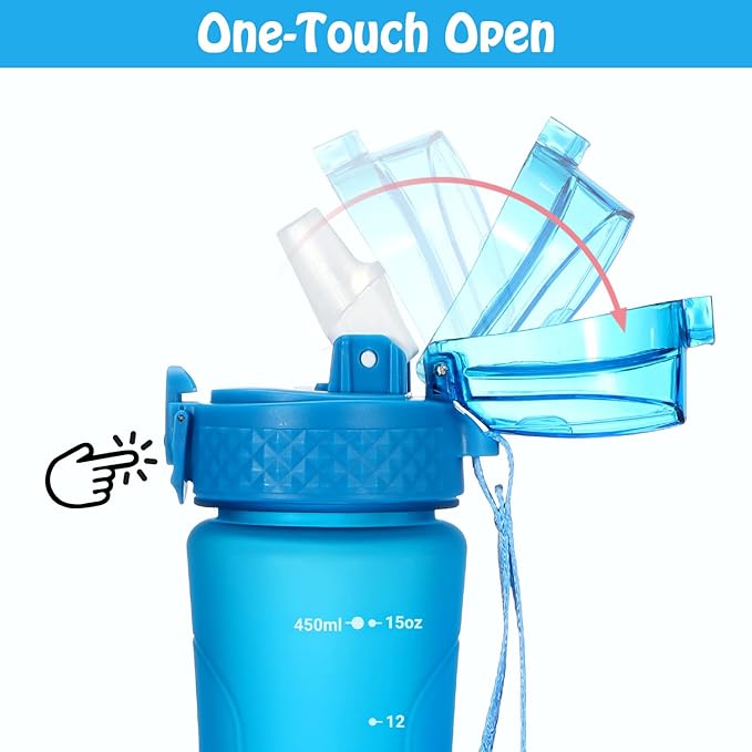 OLDLEY Replacement Straw Lid for 15 oz Water Bottle, Leakproof Spillproof Dustproof One-Click Open Cap with Carry Strap
