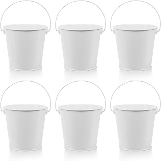 Small Metal Buckets with Handle 6 Pcs – Galvanized Bucket Leak Proof & Rust Resistant 20 fl oz Capacity - Best for Party Décor, Organizing & Decorating Classrooms (White, Small 4.3" Top)