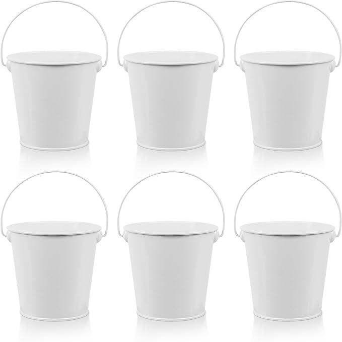 Small Metal Buckets with Handle 6 Pcs – Galvanized Bucket Leak Proof & Rust Resistant 20 fl oz Capacity - Best for Party Décor, Organizing & Decorating Classrooms (White, Small 4.3" Top)