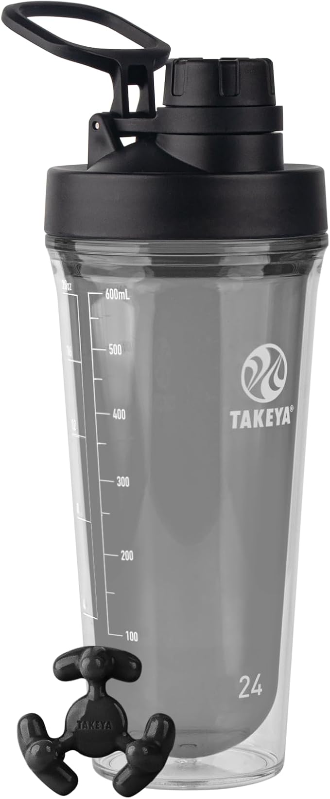 Takeya 24 oz Tritan Plastic Shaker Bottle - Premium BPA Free Protein Shakes Mixer, Leakproof Spout Lid, Shatterproof, Stormy Black