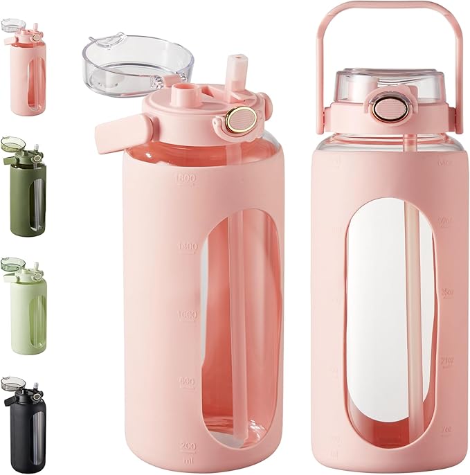 TKK 64 OZ Glass Water Bottle with Straw and Handle Half Gallon Bottle with Silicon Sleeve 2L Sports Water Bottles for Fitness, Gym, Workout - Pink