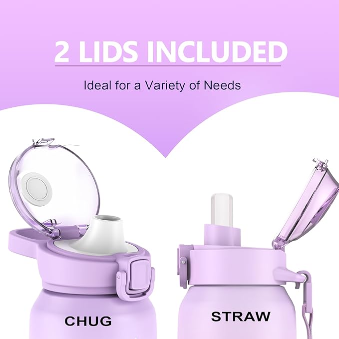 Sports Water Bottle 18/10 Stainless Steel 32oz with 2Lids, 1000ml Insulated Water Bottle Double Walled with Handle, Metal Canteen Keep Cold 48H Hot 24H for Men, Women & Kids