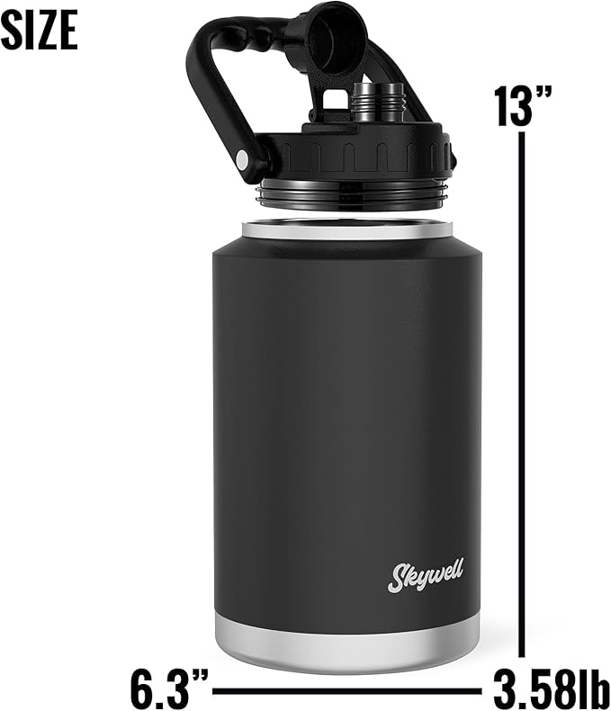 SkyWell 1 Gallon Insulated Water Bottle with Handle and Wide Mouth Water Flask Sweat-Proof and Leak-Proof 128 Oz Stainless Steel Water Jug for Outdoors, Black