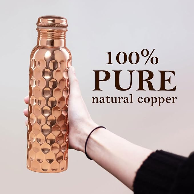 Diamond Cut Copper Water Bottle - Leak Proof Ayurvedic Drinkware Copper Vessel for Sports, Gym, Outdoors, Yoga (30 oz)