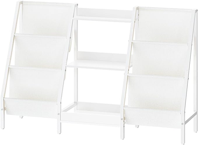 Kids Bookshelf and Toy Organizer, 3-Tier Kids Bookcase, Kids Sling Bookshelf, Toddler Toy Storage Organizer with Bookshelf, for Kids Room, Playroom, Bedroom, Nursery, White BKWT34201