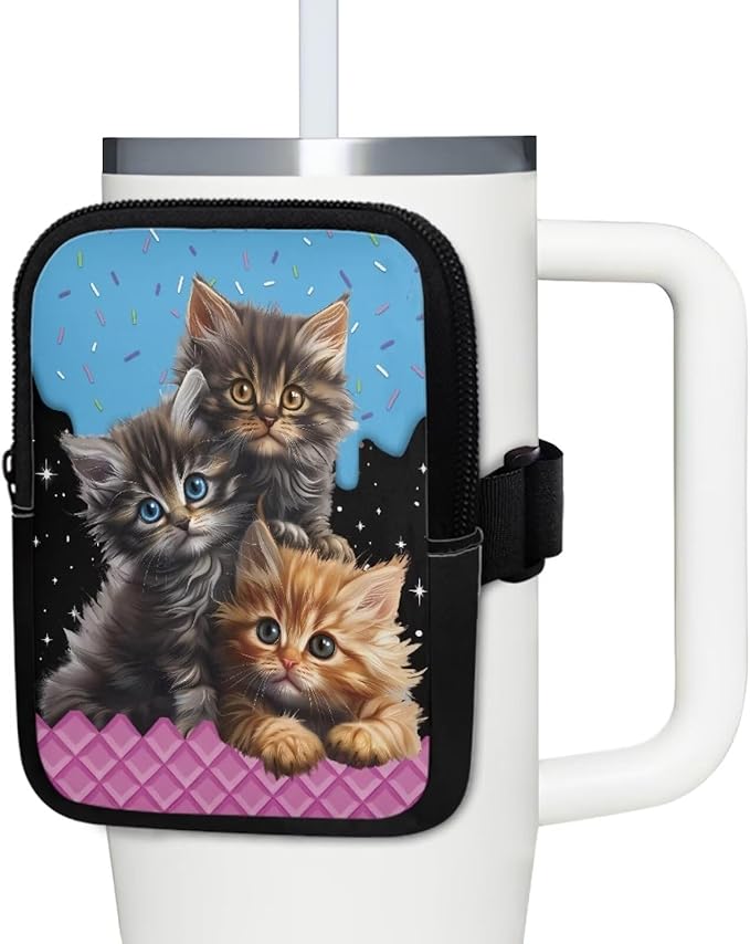 Cat Stanley Cup Pouch with Adjustable Strap Water Bottle Storage Bag 20oz-40oz IceFlow Tumbler Pouch for Stanley Accessories