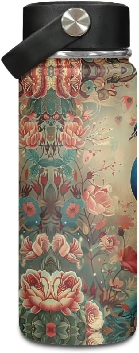 Peacocks Insulated Water Bottle 20 Oz Stainless Steel Leak Proof Vacuum Lightweight Keeps Cold and Hot Great for Travel Hiking Biking Running