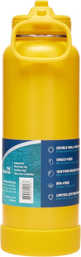 Takeya Actives 40 oz Vacuum Insulated Stainless Steel Water Bottle with Straw Lid, Premium Quality, Clementine
