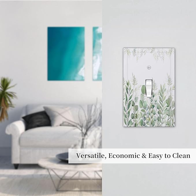 Green Eucalyptus Rustic Botanical Plant Leaves 1 Gang Boho Light Switch Covers Decorative Single Toggle Wall Plate Switchcover Electrical Switchplate for Country Bathroom Bedroom Decor