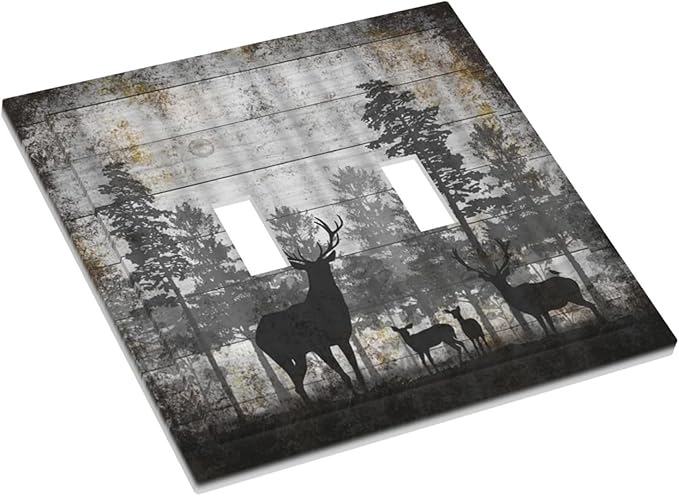 Rustic Deer Forest Vintage Wood Board Double Toggle Boho Light Switch Covers Decorative Country Unique 2 Gang Wall Plate Dual Electrical Faceplate Switchplate for Farmhouse Cabin Decor