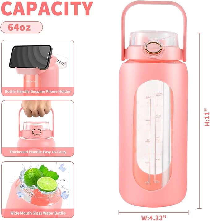 64oz Glass Water Bottle with Straw and Handle - Half Gallon Motivational Water Jug with Time Marker and Silicone Sleeve, Leak proof Wide Mouth Water Flask for Gym, Sports, and Daily Use (Pink)