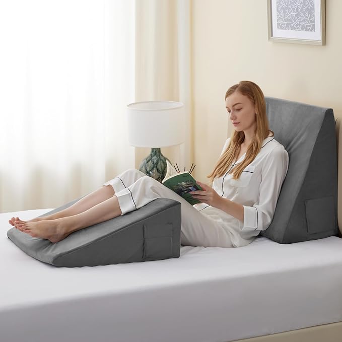 Bed Wedge Pillow for Sleeping, 12 Inch Memory Foam Wedge Pillow Post Surgery, Triangle Pillow Wedge, Elevated Support Pillows for Sleeping, Acid Reflux & Snoring - Removable Washable Cover