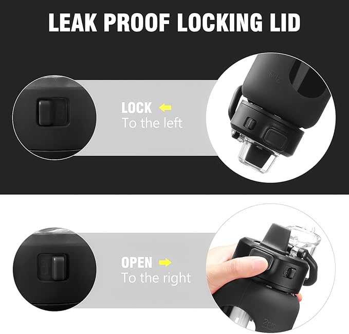 Kodrine Water Bottle with Soft Straw and Carry Loop, 32 oz Glass Water Bottle with Locking Lid, Clear Water Bottles Sports, Drinking Bottle for Travel Home Gym, Leakproof(Black)