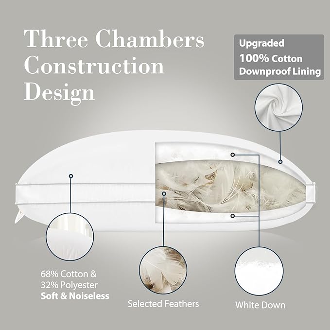 Globon Luxury Feather Down Pillow Standard Queen Size,Medium Firm Gusseted Bed Pillows for Sleeping, Hotel Collection Fluffy Pillow, 18"X26", Set of 2