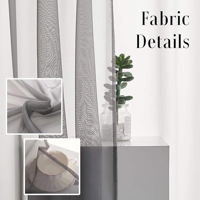 Gray Sheer Curtains 108 Inches long 2 Panels Grey Curtains 108 Translucent Voile Solid Color Window Treatment Rod Pocket Grey Drapes for Bedroom Living Room 2 Panels 52x108