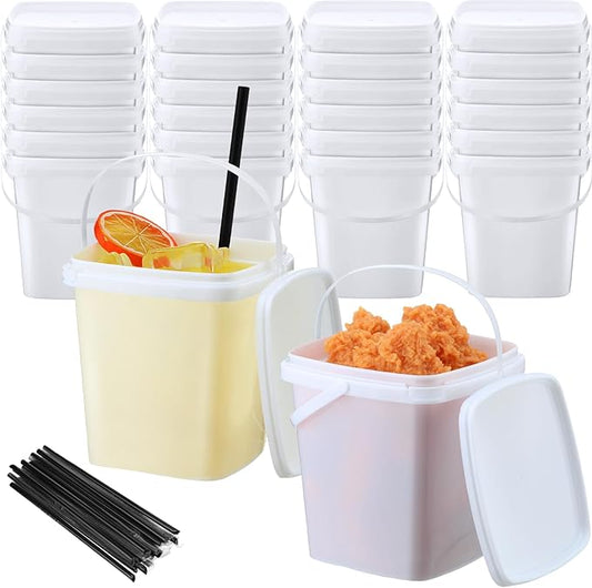 24 Pcs 33.8 oz Rum Buckets for Drinks Cocktails Plastic Square Drink Bucket with Lids and Handle 200 Pcs Motivational Sticker 20 Pcs Straw, Reusable Ice Cream Buckets for Summer Parties Snack