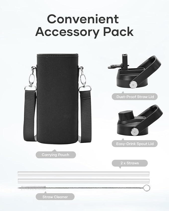 BUZIO 40oz Insulated Water Bottle, Stainless Steel Water Flask with Straw Lid and carrying pouch, Keep Cold 48h Leak Proof Double Wall Vacuum Travel Mug Metal Canteen for Gym Camp Beach, Black