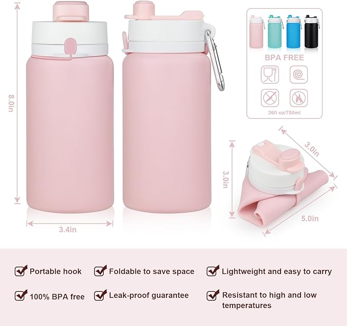 Collapsible Water Bottle, Foldable Water Bottle BPA Free Reusable Lightweight Leak-Proof Travel Silicone Water Bottle for Travel, Gym, Hiking, Office, Camping