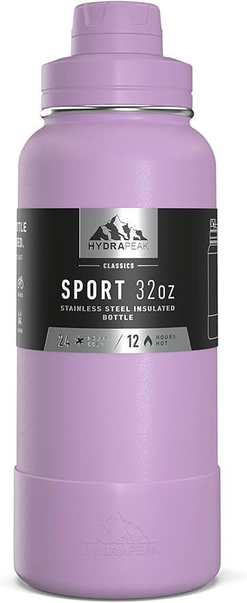 Hydrapeak 32oz Sport Insulated Water Bottle with Chug Lid, Leak & Spill Proof, Keeps Drinks Cold for 24 Hours, Hot for 12 Hours, Premium Stainless Steel Water Bottles (32oz, Mauve)