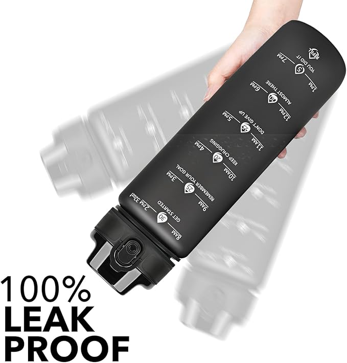 GOSWAG Water Bottles, 32 oz Motivational Sports Water Bottle with Straw and Time Marker to Remind You to Drink, Comes with Carry Strap, Leakproof
