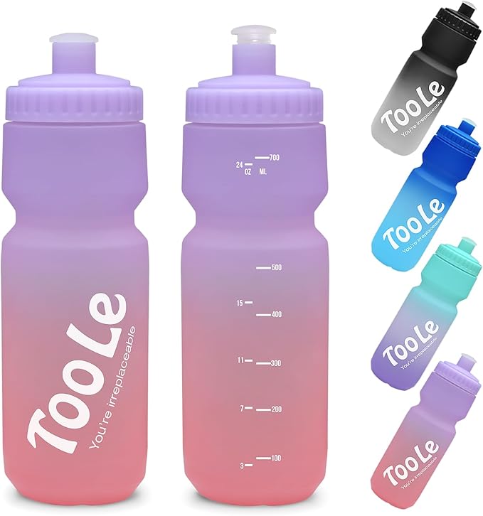 Bike Squeeze Water Bottle w/Pull Top Lid, Leakproof, BPA Free, Easy Squeeze Reusable Water Bottles for Fitness, Cycling, Running, Hiking, School, Fresh Color 24 Oz (1 Pack)