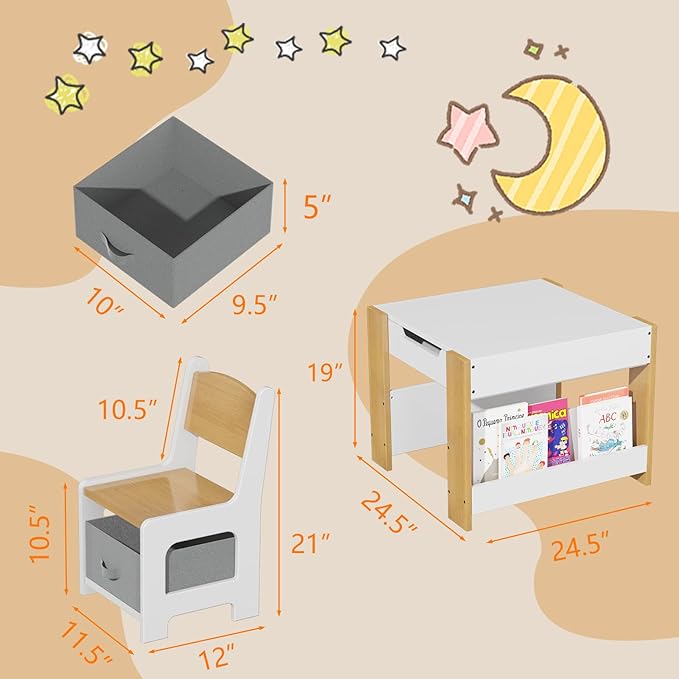 Kids Table and Chair Set, 4 in 1 Wooden Activity Table & 2 Chairs with Storage Drawer Detachable Tabletop for Toddlers Kids Drawing, Reading, Crafts, Art,Homework, Nursery, Playroom