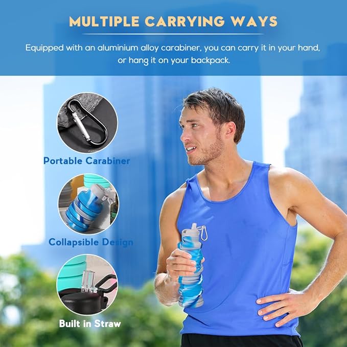 Collapsible water bottles 3 Pack with brush,BPA Free Travel Silicone Water Bottle with Carabiner,Reusable Foldable Portable Lightweight Sports bottles for Gym Camping Hiking (Black+Pink+Blue)