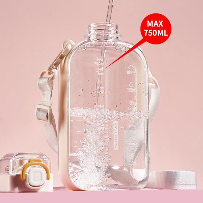 750ML Square Transparent Water Bottle, Cute Sports Water Jug with Adjustable Strap, Portable Motivational Water Bolttles for Travel, Hiking and Outdoor Workouts