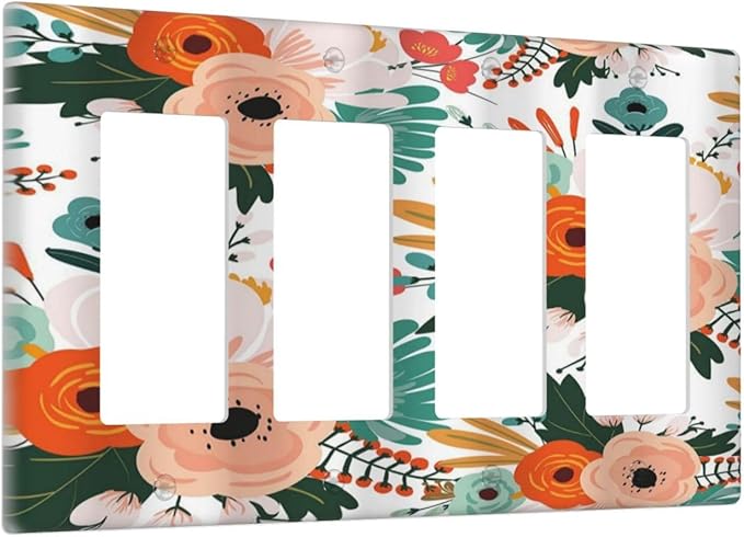 Rustic Floral Boho Colorful Flower 4 Gang Rocker Decora Light Switch Cover Outlet Covers Wall Plate Decorative Switchplate Electrical Faceplate GFCI for Farmhouse Bathroom Bedroom Kitchen Decor