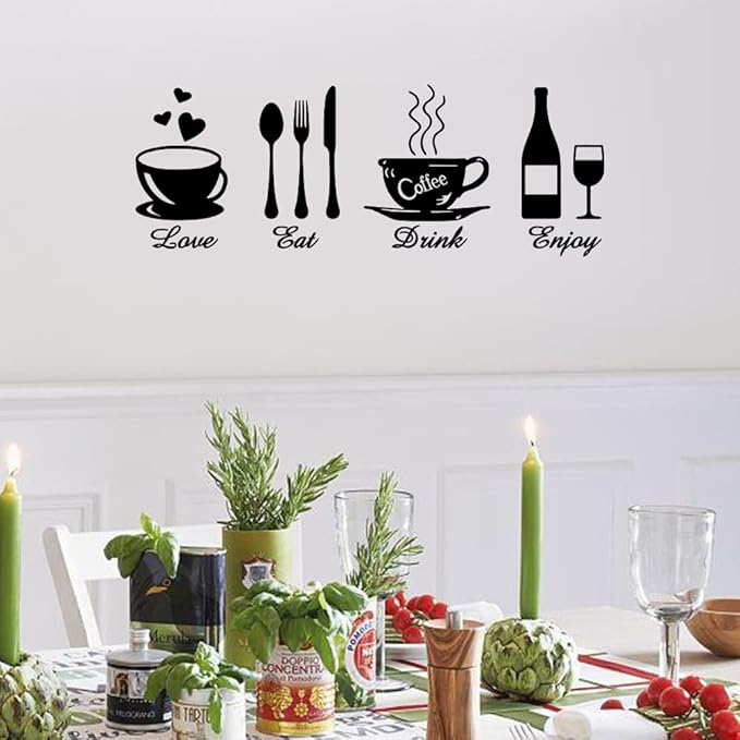 Eat Love Drink Enjoy Kitchen Fork Spoon Knife Sign Logo Wall Decals Quotes Letters Stickers Dining Room Restaurant Living Room DIY Home Removable Decals