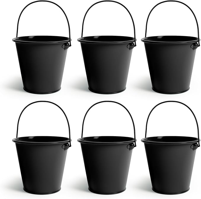 Small Metal Buckets with Handle 6 Pcs – Galvanized Bucket Leak Proof & Rust Resistant 48 fl oz Capacity - Best for Party Décor, Halloween & Decorating Classrooms (Black, Large 6.3" Top)