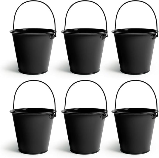 Small Metal Buckets with Handle 6 Pcs – Galvanized Bucket Leak Proof & Rust Resistant 48 fl oz Capacity - Best for Party Décor, Halloween & Decorating Classrooms (Black, Large 6.3" Top)