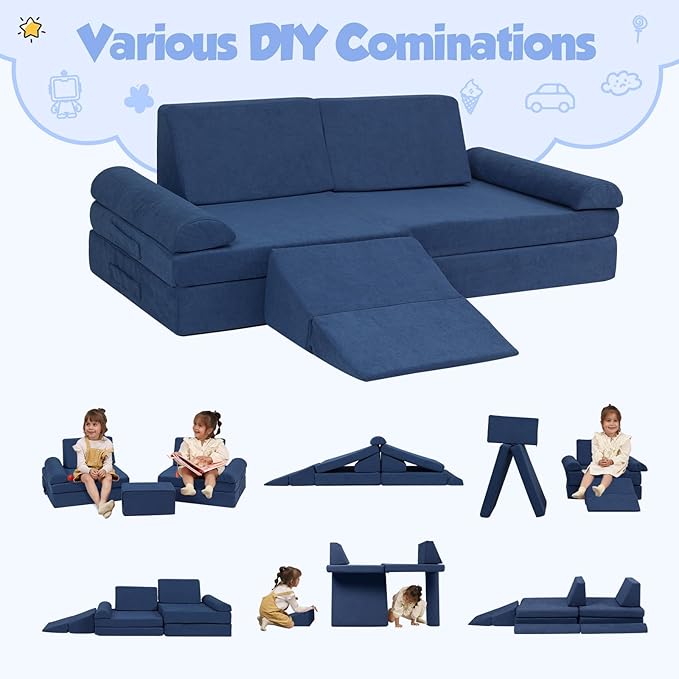Kids Couch, 9 PCS Play Couch Sofa for Kids Imaginative Furniture Play Set for Creative Kids,Toddler to Teen Bedroom Furniture, Couch Sofa Foam Play Couch Indoor Outdoor（Chenille Blue）