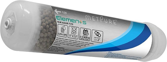 Elements Inline Antioxidant Alkaline Water Filter 11" x 2.5" with 1/4" Quick Connects Replacement or Add-on for pH Balance and Restore Minerals in Reverse Osmosis RO System