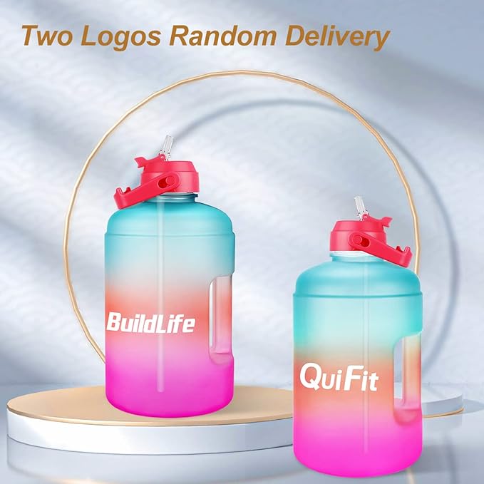 QuiFit 1 Gallon Water Bottle - with Straw & Motivational Time Marker Leak-Proof BPA Free Reusable Gym Sports Outdoor Large(128OZ) Capacity Water Jug(Green/Pink Gradient,1 Gallon)