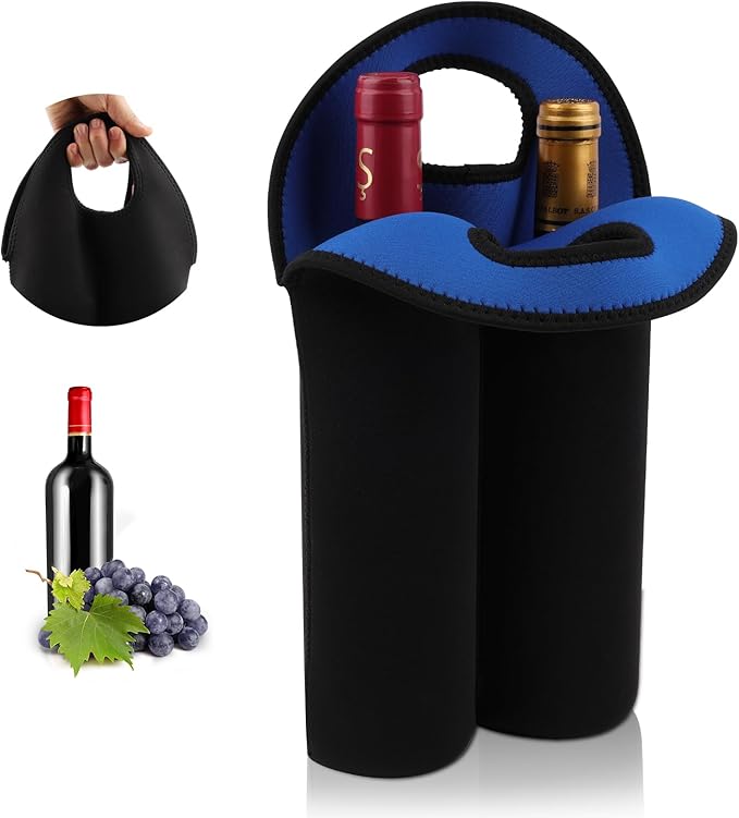 Desing Wish 2-Bottle Set Wine Carrier Tote Bag for 750ml Red/White Wine Bottles, Insulated Neoprene Wine Cooler Bag Wine Gift Bags for Gift/Picnic/Party/Beach/Christmas - Blue