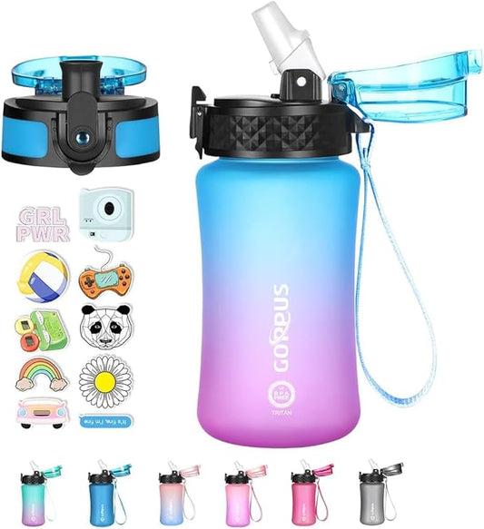 GOPPUS Kids Water Bottle with Straw Spout Lid 10pcs Stickers 12 oz Leak-proof BPA Free Motivational Time Marker Tritan Plastic Water Bottles for Girls Boys School Sports