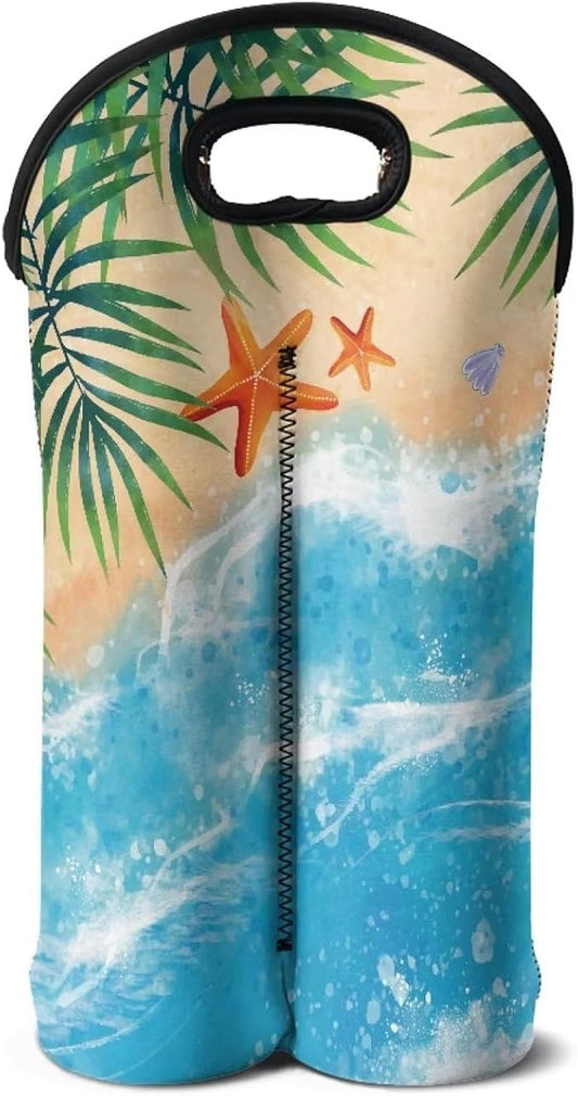 doginthehole 2 Bottle Wine Carrier Beach Theme Travel Insulated Wine Carrying Case Cooler Tote Bag Wine Bottle Holder Neoprene Champagne Bottle Protective Bag Wine Accessories Gift for Women Men