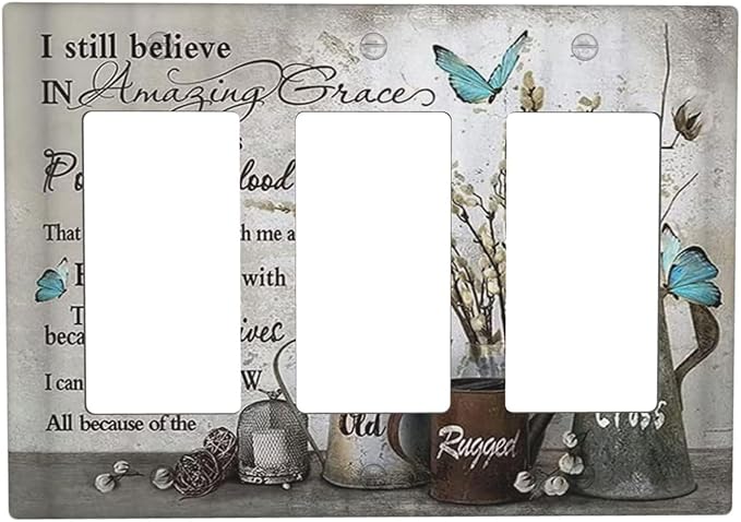 Blue Butterfly Rustic Flower Inspirational Quotes 3 Gang Rocker Light Switch Covers Triple Outlet Wall Plate Decorative Switchplate Cover Faceplate GFCI for Farmhouse Country Bedroom Kitchen Decor