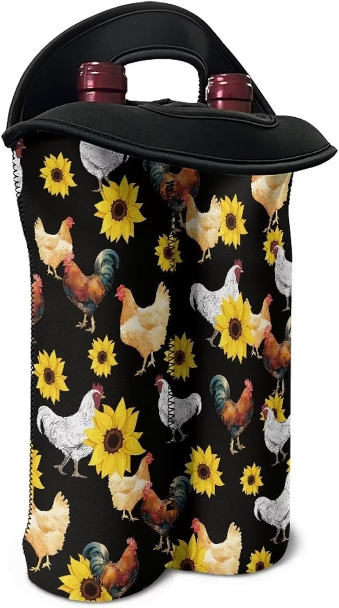 doginthehole Chicken Wine Bag Neoprene Wine Tote Insulated Bag Two Bottle Wine Carrier Sunflower Rooster Wine Bottle Covers Protector Sleeve Reusable Wine Bottle Holder Champagne Beer Bags for Travel