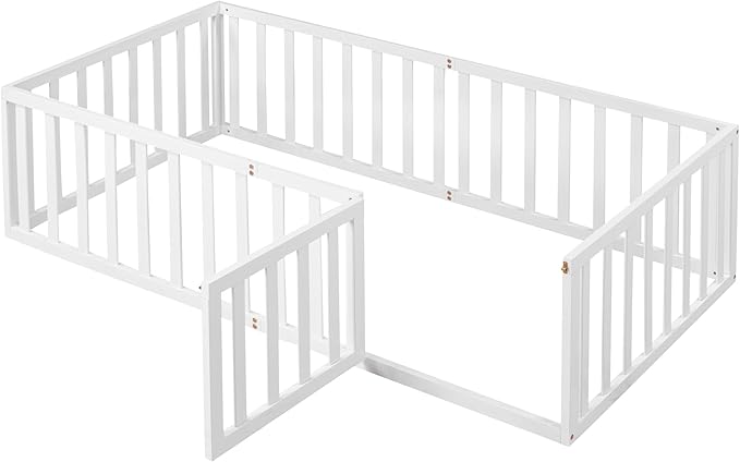 Twin Size Floor Bedframe with Door and Safety Guardrails Fence, Solid Wooden Toddler Montessori Platform Bed for Children Bedroom, Boys Girls, Kids Playroom