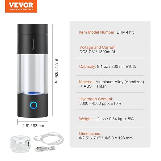 VEVOR Hydrogen Water Bottle, Hydrogen Water Bottle Generator up to 4500 ppb, 230ml Portable Hydrogen Water Machine, SPE Technology hydrogen water generator with Nasal Inhalation Tube and Self-Cleaning