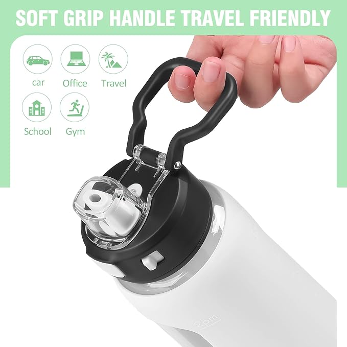 Kodrine Water Bottle with Soft Straw and Carry Loop, 32 oz Glass Water Bottle with Locking Lid, Clear Water Bottles Sports, Drinking Bottle for Travel Home Gym, Leakproof(White)