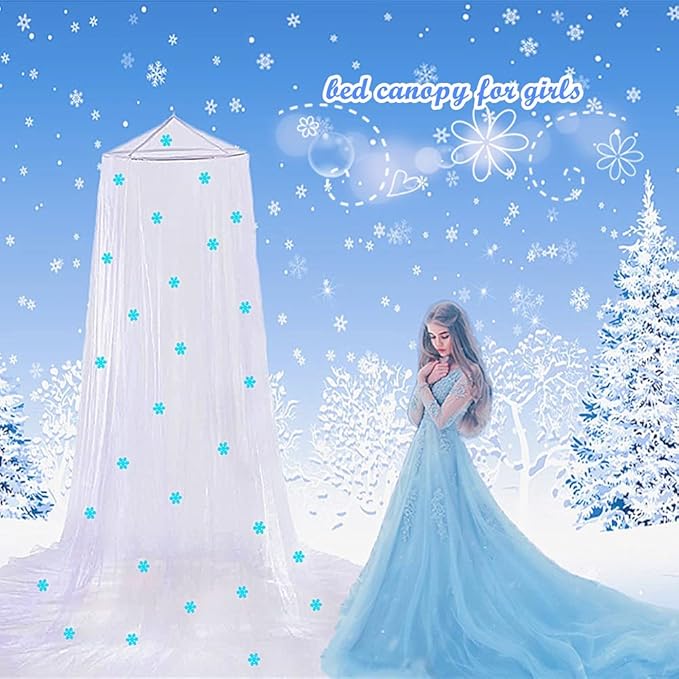 Eimilaly Princess Bed Canopy Glow in The Dark, Christmas Snowflakes Bed Canopy for Girls Room Decor, Encrypted Fabric, Purple