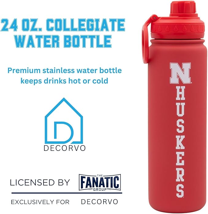 Nebraska Huskers Water Bottle - Red Double Walled Stainless Steel 24 oz Keeps Drinks Cold or Hot