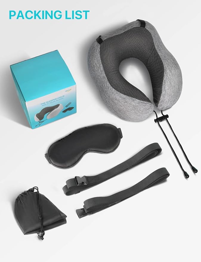ALLJOY Travel Neck Pillow for Sleeping-Prevents Head Forward,100% Pure Memory Foam Travel Pillow with Eye Mask, Adjustable Clasp, and Seat Strap - Comfort Travel Kit for Airplane, Train, Car